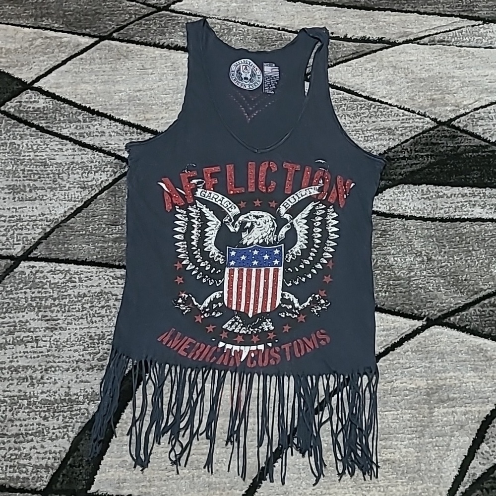 AFFLICTION AMERICA CUSTOMS RHINESTONES FRINGE HEM DISTRESSED RACERBACK T…
